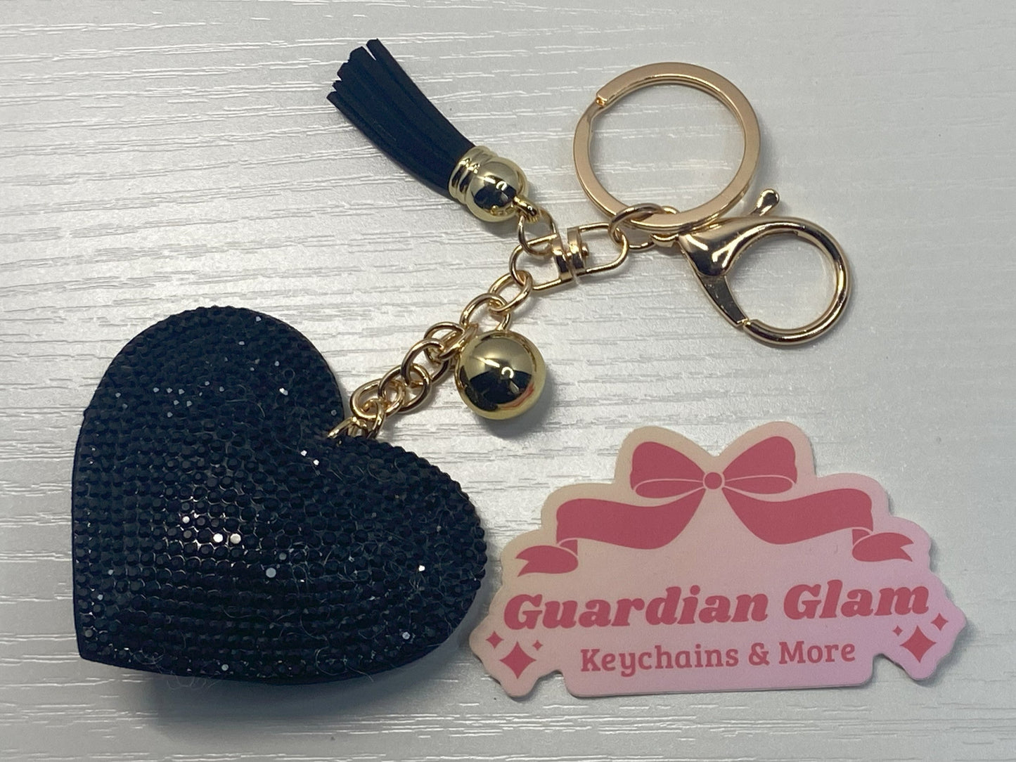 Black Heart-shaped Black rhinestone Gold keychain with tassel