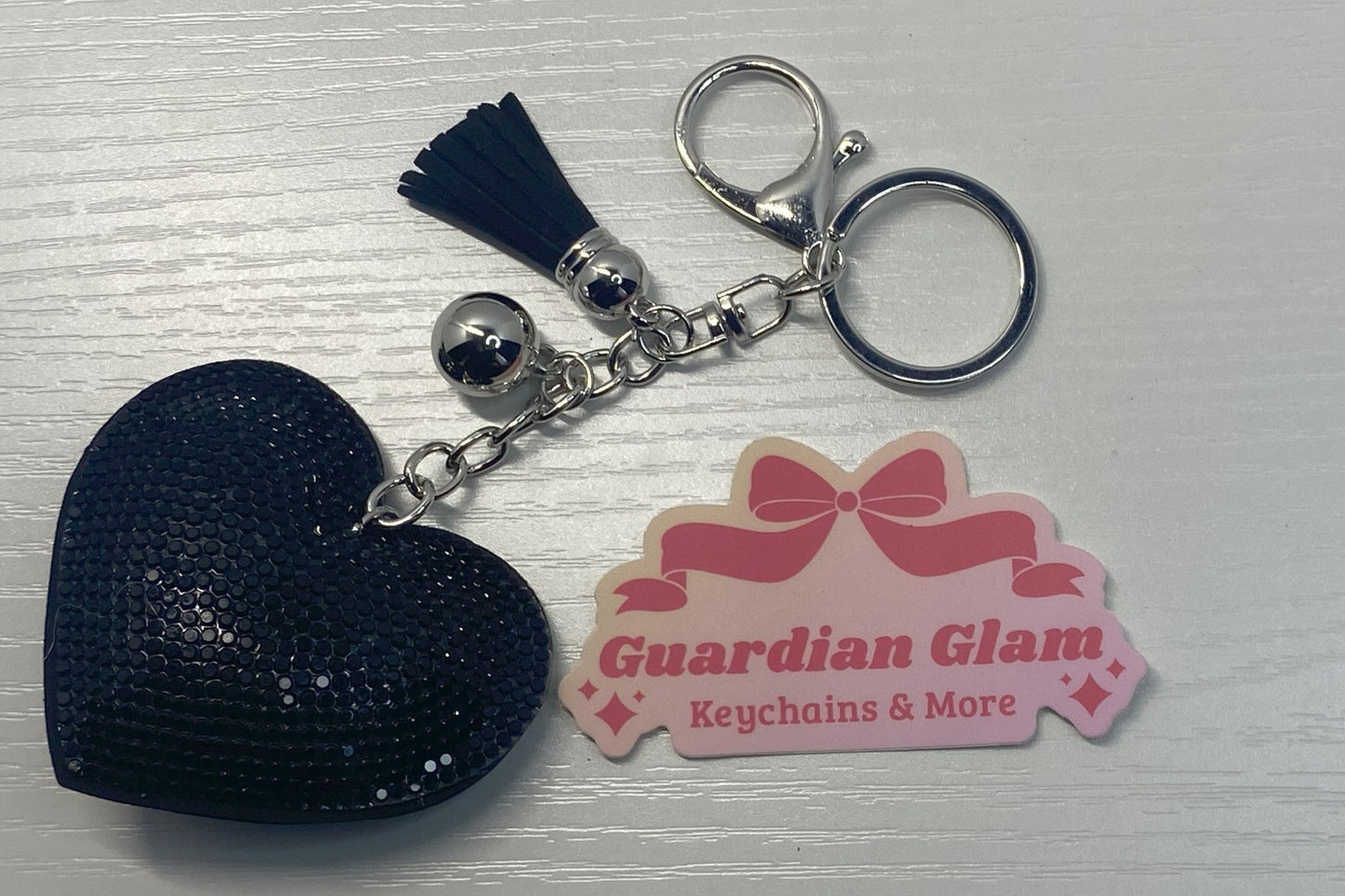 Black Heart-shaped Black rhinestone Sliver keychain with tassel