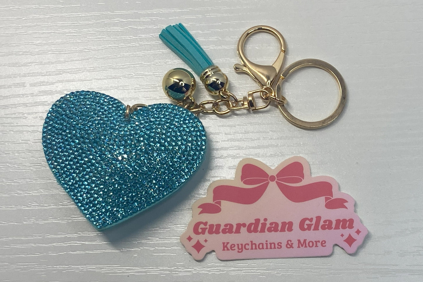 Light Blue Heart-shaped rhinestone Gold keychain with tassel