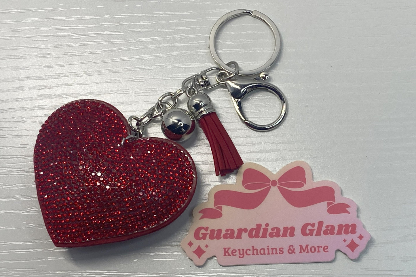 Red Heart-shaped rhinestone keychain with tassel