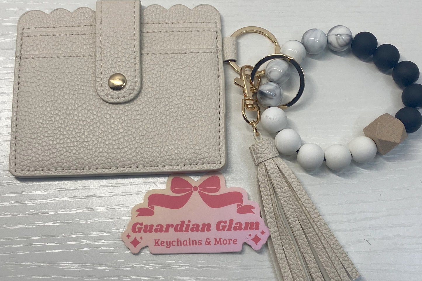 Beige leather ID and cardholder wood beaded keychain with tassel